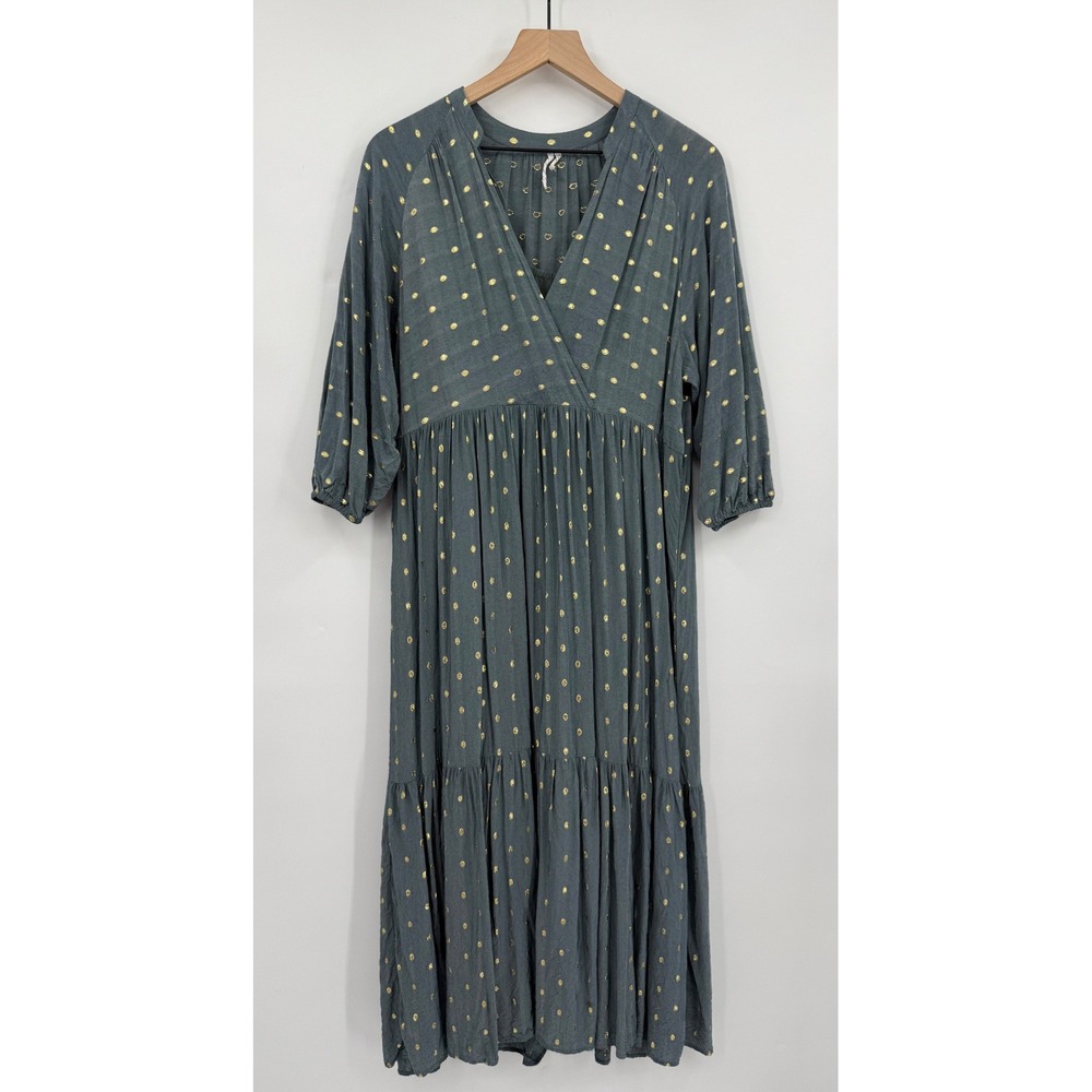 Anthropologie Dress Womens Small Blue Gray Gold Polka Dot Tiered Maxi Boho